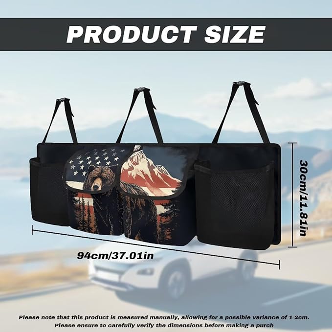 American Flag Bear Hanging Trunk Organizer, Foldable Back Seat Trunk Organizer with 4 Large Compartments, Universal for Vehicles