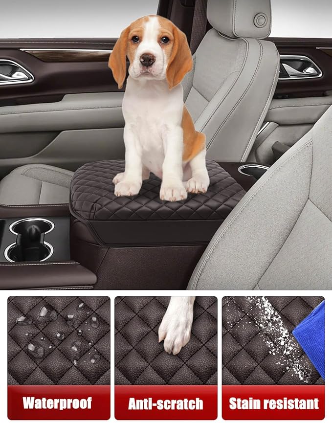 KBH Center Console Armrest Cover for Chevy Silverado & GMC Sierra 2019-2026, Tahoe & Suburban & Yukon 2021-2026, Bucket Seat, Vinyl Leather Trim, Anti-Scratch, Brownstone