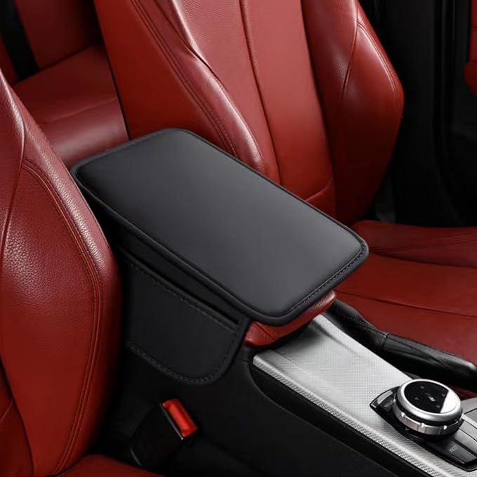 Thin Car Center Console Cover, PU Leather Armrest Cushion with 2 Side Storage Pockets, Universal Car Interior Accessories for Most Vehicles/SUV/Sedan (Thin-Pure Color, Black)