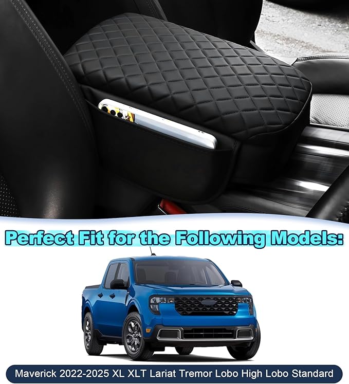 Armrest Cover for Ford Maverick 2022 2023 2024 2025 Center Console Pad with Organizer Storage Pockets, Black Faux Leather Arm Rest Lid Protector Cushion Interior Accessories
