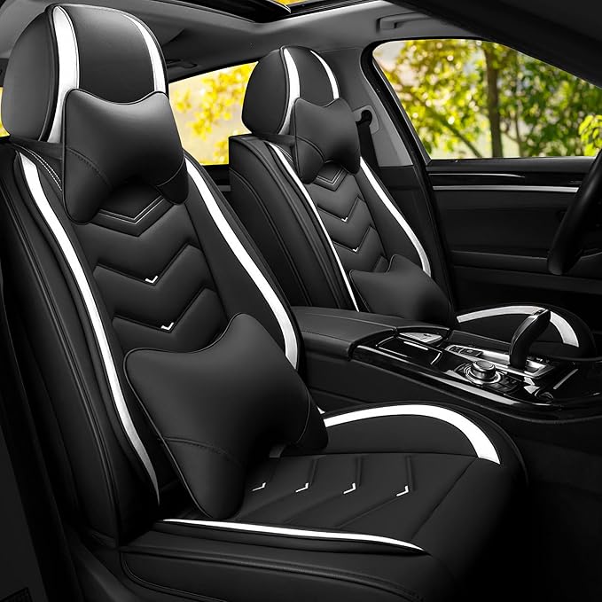 Car Seat Covers Fit for Toyota rav4 2000-2026, Stylish Sport Seat Covers, Waterproof Wear-Resistant Premium Nappa Leather Car Seat Cover.(2 Pcs Front with Pillow/Black White)
