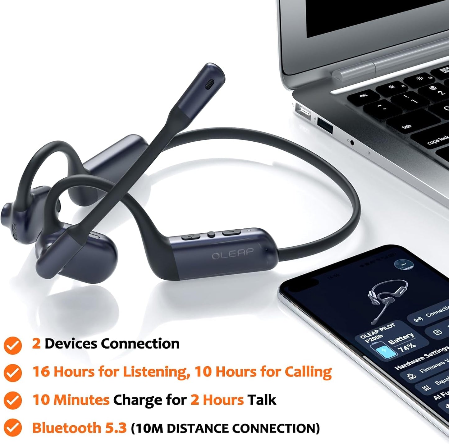 Pilot P200b Pro Wireless Headset with Mic for Work,50dB AI Noise Cancelling Microphone Headphones for Call,Bluetooth 5.3 Open Ear Computer Headset with Microphone for WFH,Mobile Office,Meetings