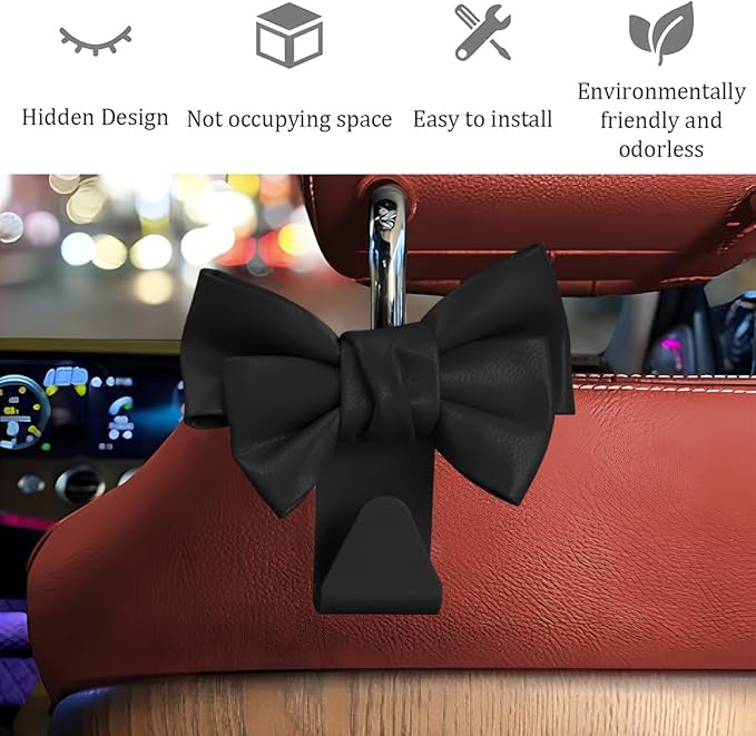 Car Headrest Hooks, 2PCS Cute Bow Vehicle Back Seat Hanger for Purses Bags, Automotive Interior Backseat Storage Hanging Organizer Decor Accessories, Universal for SUV, Sedan, Truck (Black)