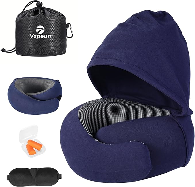Travel Pillow - Hooded Neck Pillow Airplane Memory Foam Filling for Plane, Office, Cars Sleeping, Road Trip, Long Flights, Airplane Travel Essentials, Includes Eye Mask & Earplugs (Navy)
