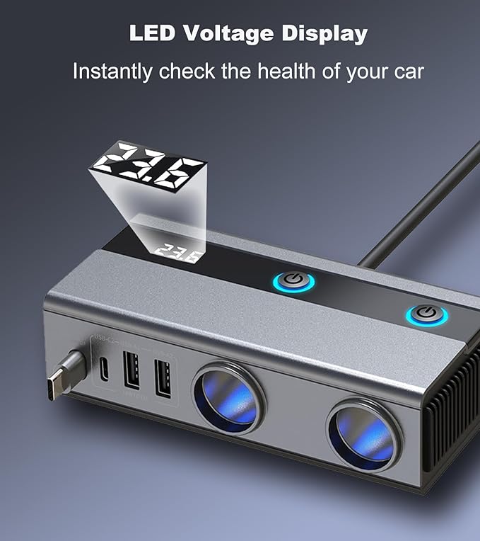 Retractable Cigarette Lighter Splitter, USB Car Charger Adapter with PD 65W, 2 Sockets with Independent Switches, TSNAM 12V/24V Car Splitter with LED Display