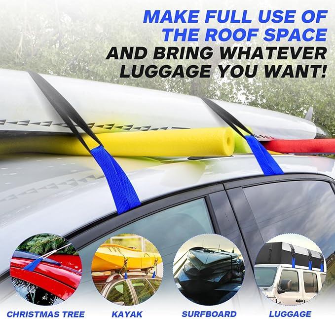 6 Rooftop Cargo Tie Down Hook Straps-Secure Any Car Roof Bag, Roof Rack Cargo Carrier,or Car Top Carrier,Durable and Solid, No Roof Rack Required, Compatible with Most Cars - Registered Patent (Blue)