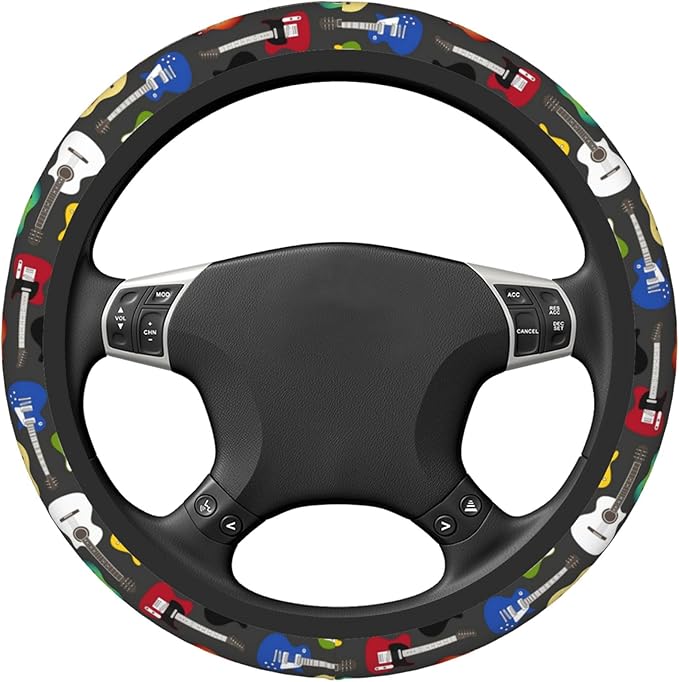 Musical Car Steering Wheel Cover for Women Acoustic Electric Guitars Men Stretch Cloth Anti-Slip Wrap Protector Case Fit Universal Auto Accessories Decor Sweat Absorption 14-15 Inch