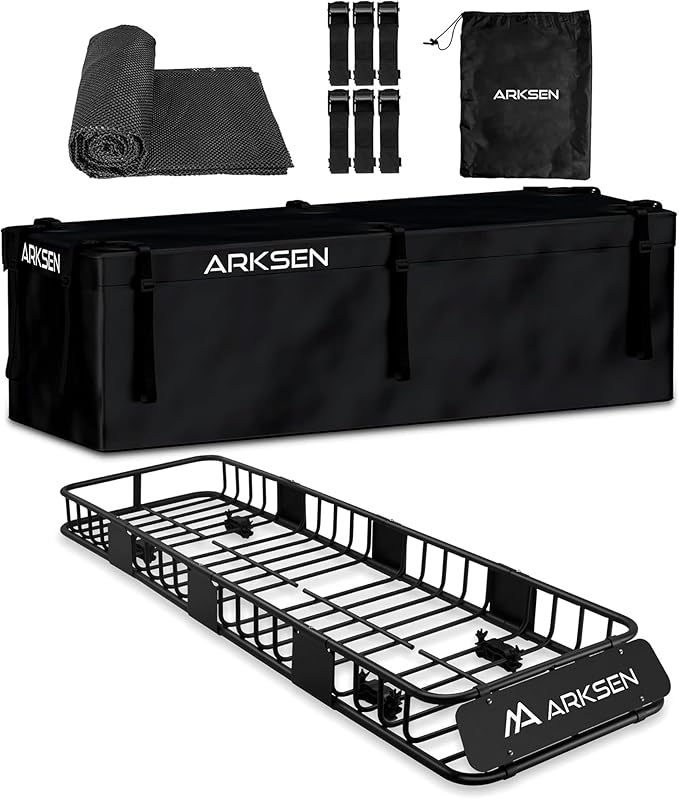 ARKSEN Skinny Roof Rack 84"x23"x6" Cargo Carrier with Waterproof Bag & Anti-Slip Mat, Heavy Duty Weather Resistant Top Mount Cargo Basket, Luggage Camping Gear Storage for Car, Truck or SUV Transport