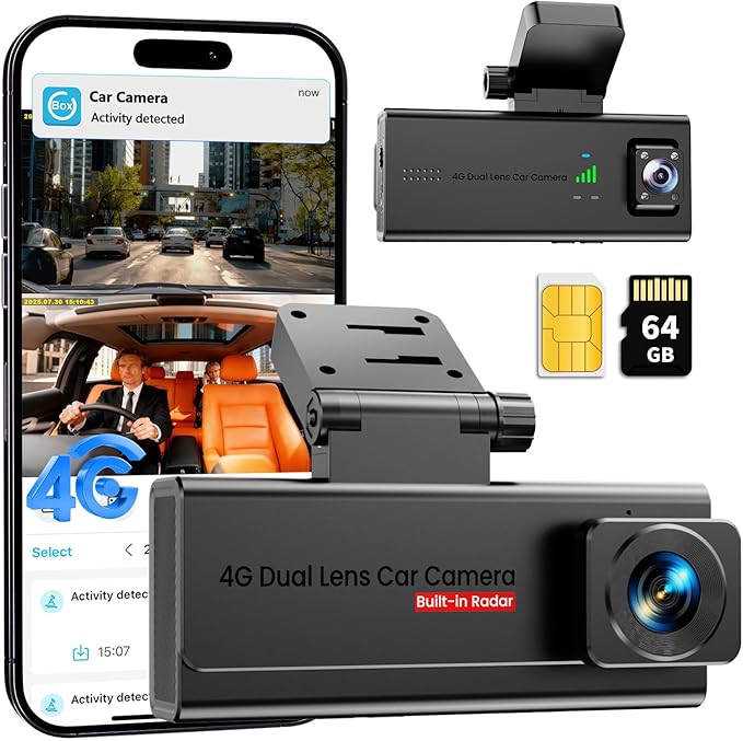 4G LTE Dash Cam with SIM Card, Live Streaming Car Security Camera Front & Cabin, 170° Wide Angle, Remote Viewing, 24/7 Parking Mode, AI Motion Alerts, 2-Way Talk, Anti-Theft & Vandalism Protection
