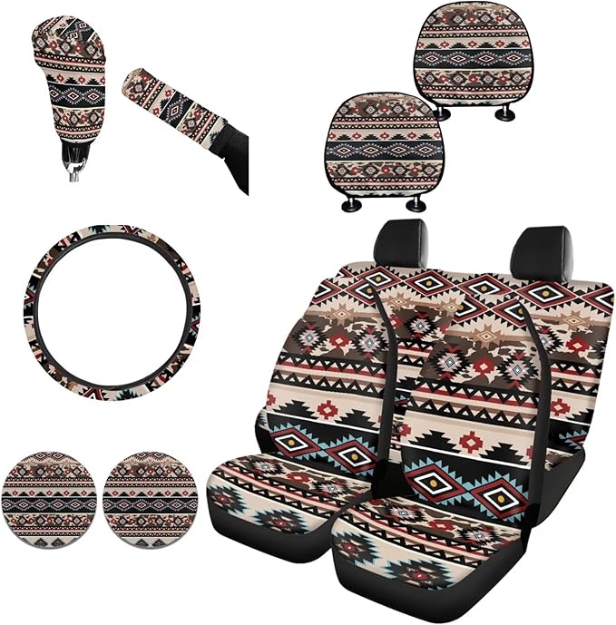 FKELYI Brown Aztec Car Interior Accessory Set - Seat & Headrest Covers, Gear Shift & Handbrake Knobs, Steering Wheel Cover, Cup Coasters
