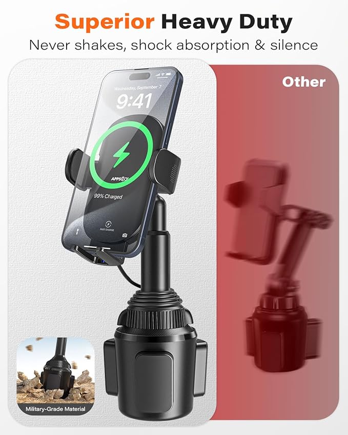 APPS2Car 15W Qi Wireless Car Charger Solid Cup Holder Mount, Adjustable Long Arm & 360° Rotation, Fits 3"–4" Round Cup Holders, Works with Cases ≤ 4 mm (No Metal Attachments)