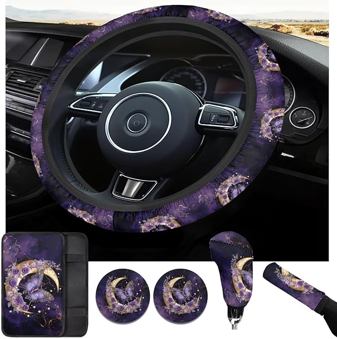 Purple Butterfly& Moon Car Accessories for Women Cute Steering Wheel Cover Car Handbrake Cover,Cup Mat 6 Pcs Cars Interior Decor Suit for Vans Truck SUV
