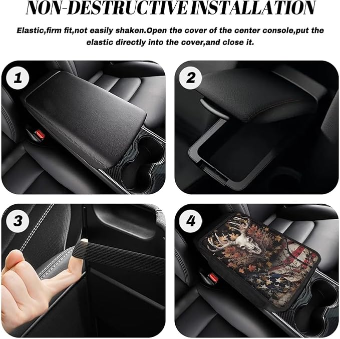 Deer US Flag Leaf Pattern Car Center Console Cover with Side Pockets Non-Slip Vehicle Armrest Cover Pad Comfortable Car Armrest Storage Box Mat Universal Fit for Cars Sedan Truck SUV