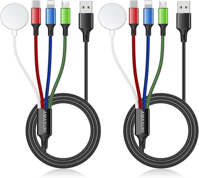 2Pack Multi Charging Cable for Apple Watch Charger 4 in 1 Travel Essentials RV Camping Essentials USB C/L/Micro Compatible with iWatch Series 11-1/iPhone 17/16/15/Android Airplane Gadgets-4FT