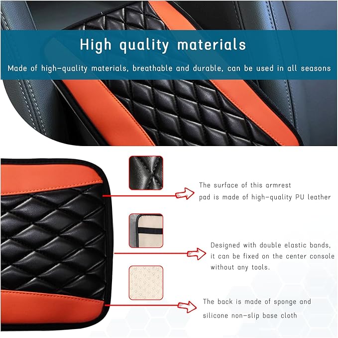 Car Center Console Cushion Pad, Universal Leather Waterproof Armrest Seat Box Cover, Comfortable Auto Armrest Cover Protector, Car Interior Decor Accessories for Most Vehicles (Black & Orange)