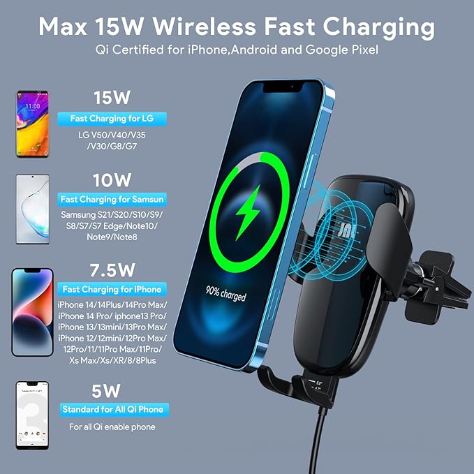 Wireless Car Charger, 15W Qi Fast Charging Auto-Clamping Car Phone Mount Charger Air Vent Phone Holder for iPhone 14/13/12 mini/12 Pro Max/11 Pro Max/Xs MAX/XR/8+,Samsung S23/S22/S21/S20 Plus/Note20