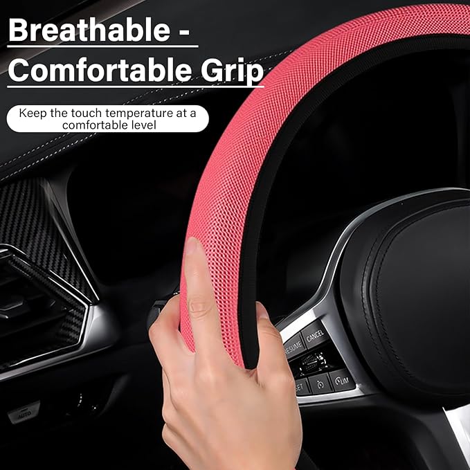 Red Mesh Steering Wheel Cover, Universal 15 inch, Elastic Stretch Microfiber Breathable Ice Silk Cover, Anti-Slip, Odorless, Sweat Absorption, Warm in Winter and Cool in Summer