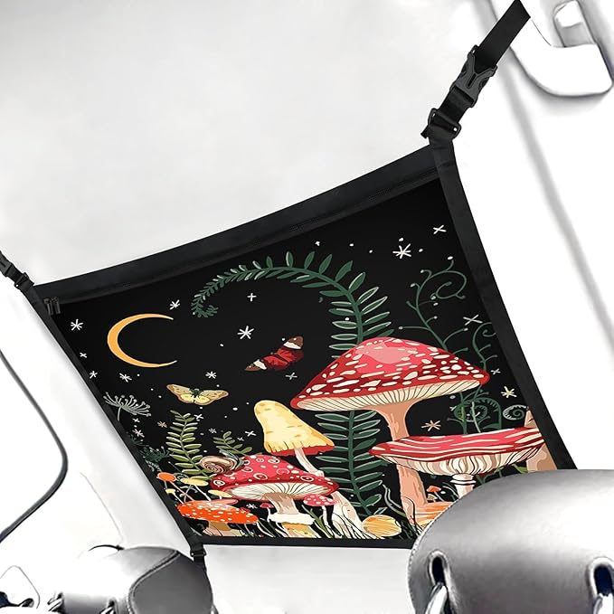 Mushroom Galaxy Car Storage Mesh Organizer Ceiling Cargo Net Double-Layer Adjustable Zipper Truck SUVs Travel Road Trip Essentials etc. Interior Organizer