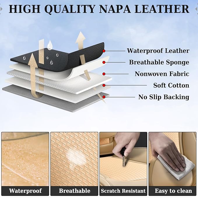 Coverado Car Seat Covers Full Set, Beige Seat Covers for Cars, Waterproof Nappa Leather Automotive Seat Covers with Lumbar Head Pillow, Car Seat Protectors, Universal Fit for Most Cars SUV