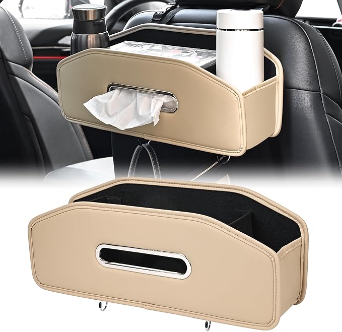 JEYODA Car Seat Back Organizer with 2 Drink Cup Holder,Car Tissue Holder and Storage Box Hook, 3 in 1 Multifunctional Storage for Food Drink Phone, Travel Accessories (Beige)