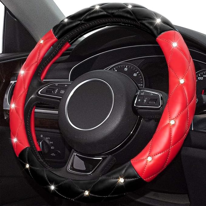 Xizopucy Black Red Steering Wheel Cover, Universal Car Steering Wheel Protector with Crystal Rhinestones Anti-Slip Soft Interior Accessories for Women and Girl Fit 14.5-15 inch