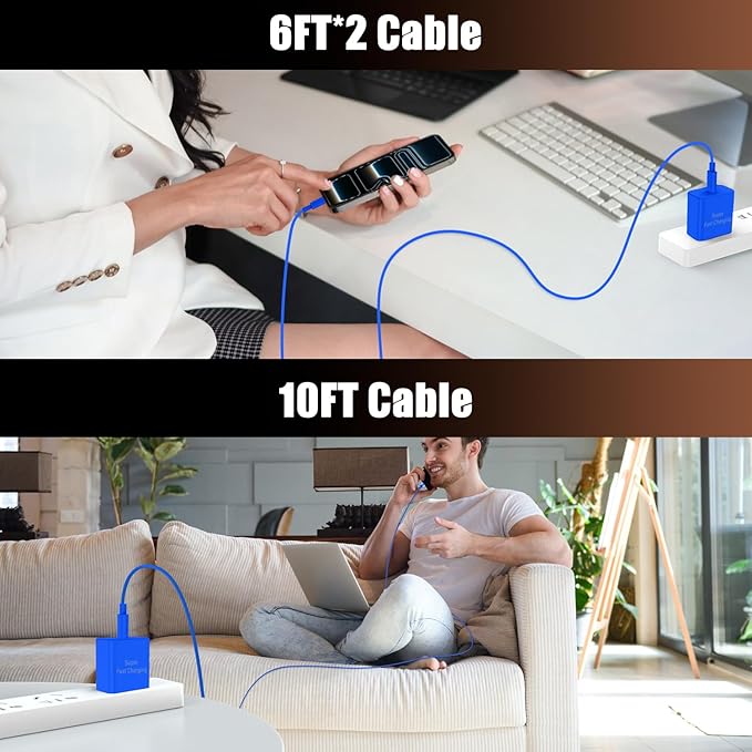 iPhone 17 16 Pro Max Charger Fast Charging, Super Fast USB C Chargers for iPhone 17(6FT+6FT+10FT) Type C Chargers Cord with Fast Charger Block for iPhone 17/16/15 Series/iPad/ GalaxyS26/S25/S24 Blue