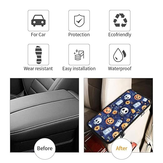 Skull Skellington Halloween Pumpkins Sunflowers Car Auto Armrest Cushion Cover Accessories Center Console Seat Box Pad Protector Universal Decoration for Most Vehicle SUV Truck
