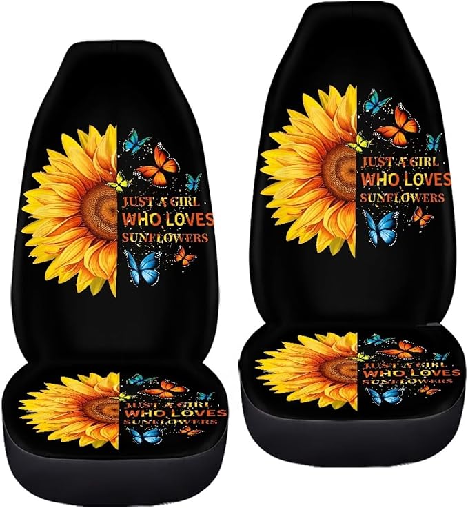 BIGCARJOB Sunflower Print Car Seat Cover Set for Front Seat Only,Sunshine Sunflower Auto Front Seat Protector Full Set Butterfly Car Interior Accessories,Universal Fit