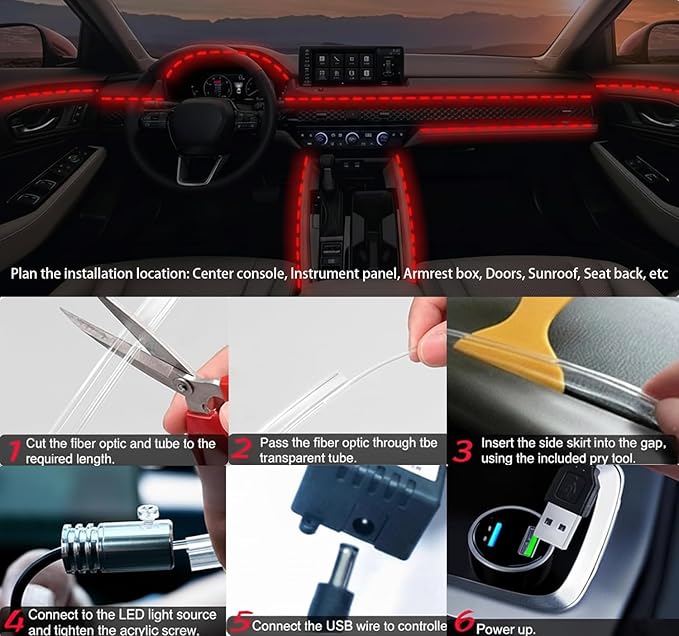 Interior Car LED Strip Lights RGB Fiber Optic Trim Lighting 5 in 1，Wireless APP Ambient Lighting Kits 236 inches Fiber Optic, 16 Million Colors Car Neon Lights, Music Sync