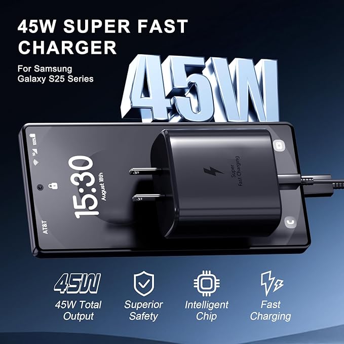 Samsung Super Fast Charger Type C Kit,45W PD USB C Wall/Car Charger for Samsung Galaxy S26/S25/S24/S23/S22/Plus/Ultra/FE/Note 20/10/A71,2020/2018 Pad Pro/Air,with 2X USB C-to-C Cable(6.6ft)