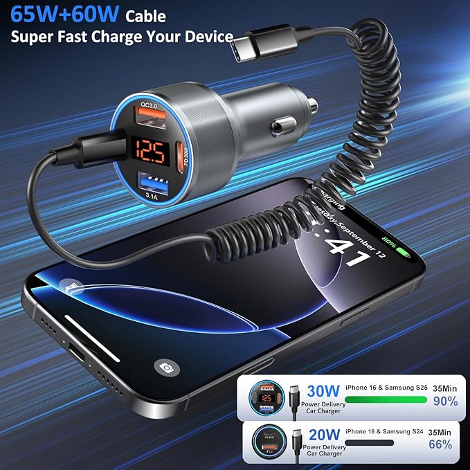 65W 4-Port Super Fast Type C Car Charger USB C for Galaxy S25 S24 S23 Ultra S22 A16 A53 A54 PD/QC3.0 Android Car Phone Charger with Voltage Display Cigarette Lighter Adapter+5FT Type C Coiled Cable