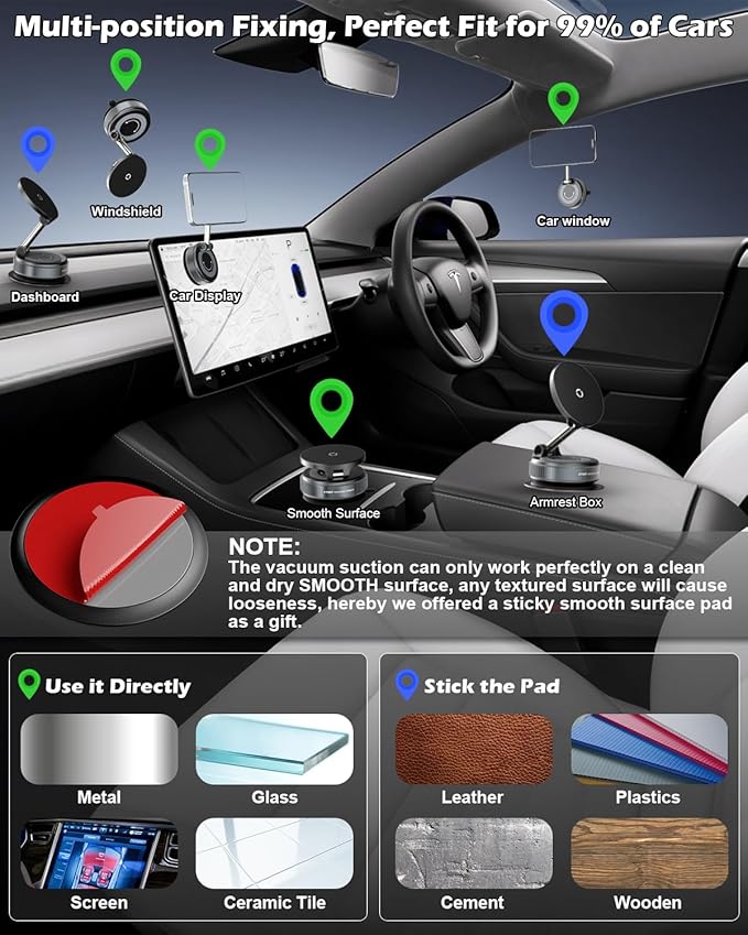 CloudValley 15W Fast Wireless Charger Car Phone Mount, Vacuum Suction Cup Magnetic Phone Holder Design for MagSafe iPhone 17/16/15/14/13/12, 360° Adjustable & Foldable Stand for Dashboard/Windshield