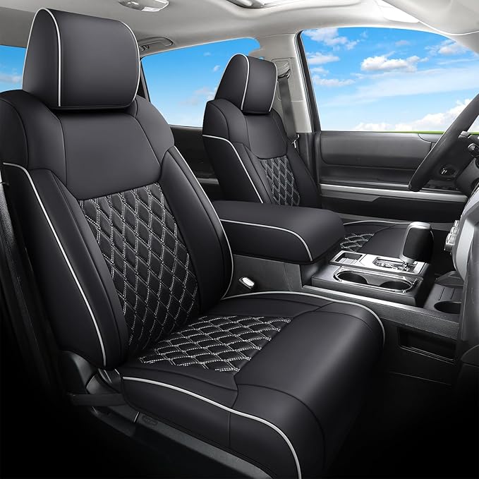 Huidasource Tacoma Front&Back Seat Covers Full Set, Automotive Leather Car Seat Cushion Cover Fit for 2005-2015 Double&Crew Cab 2nd Gen Toyota Tacoma Base SR5 Limited TRD Sport(Full Set/Black&White)