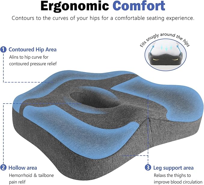 Seat Cushion & Lumbar Support Pillow Set for Office Chair, Ergonomic Pillow for Sciatica Pain Relief, Memory Foam Back Support Pillow & Chair Cushion for Car seat, Desk Chair (Grey)