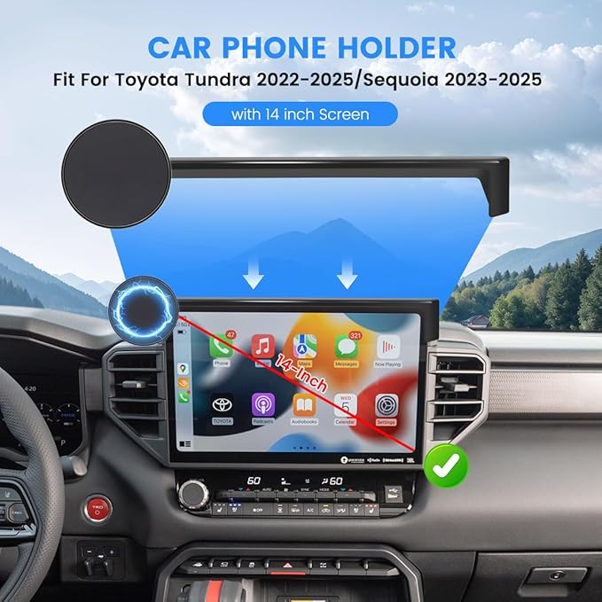 Car Phone Holder Fit for Toyota Tundra 2022-2025/Sequoia 2023-2025 Accessories 14-Inch Screen Fixed Clip, Cell Phone Mount Compatible with MagSafe Hands-Free 360° Rotation