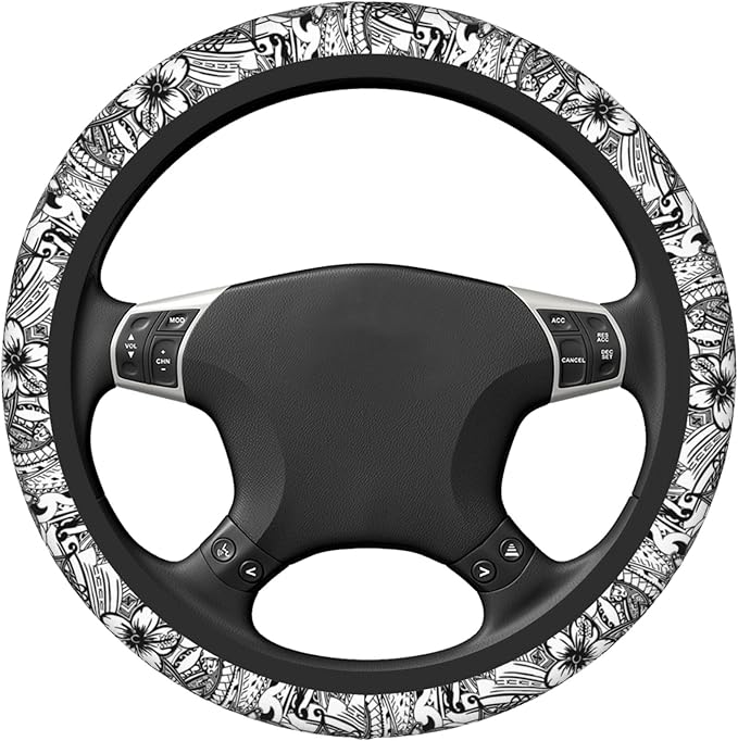 Hawaiian Polynesian Tribal Tatoo Car Steering Wheel Cover for Women Men 14-15 Inch Stretch Cloth Anti-Slip Wrap Protector Case Fit Universal Auto Accessories Decor Sweat Absorption