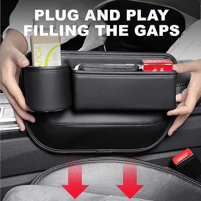 2Pcs Car Seat Gap Filler Organizer,Black Car Organizer with Cup Holder,Leather Car Seat Gap Plug with Storage Slot for Phones,Glasses,Keys,Cards