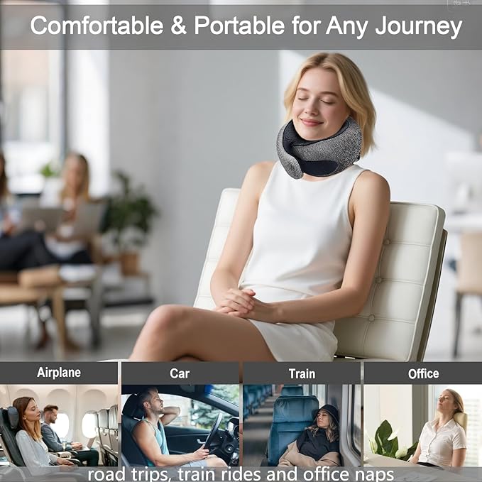 Travel Neck Pillow for Airplanes, Memory Foam with Chin Support, Ergonomic 360 Degree Cervical Support for Plane/Car/Train/Office (Dark Grey)