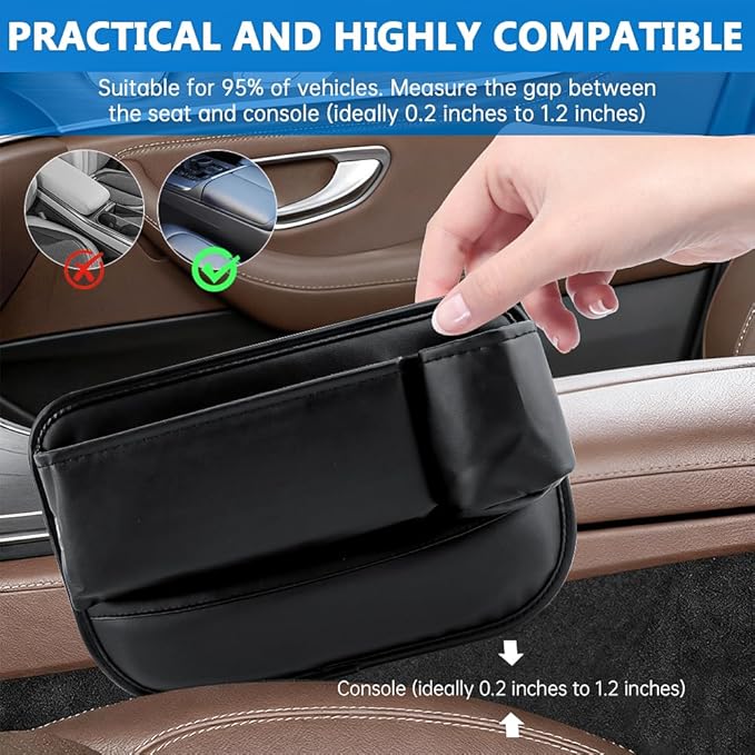 2 Pack Car Seat Gap Filler Organizer, Leather Seat Gap Bag with Cup Holder (3.14 inch) & 4 Hooks, Anti-Slip Flannel Lined Storage Box for Phone, Keys, Wallet, Fit Most Cars