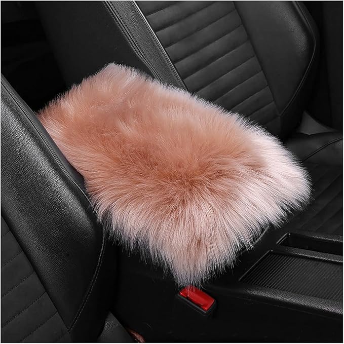 Furry Auto Center Console Cover Pad, 11.8"x7.8" Fluffy Soft Sheepskin Wool Armrest Cushion, Car Interior Accessories for Women and Men (Light/Coffee)