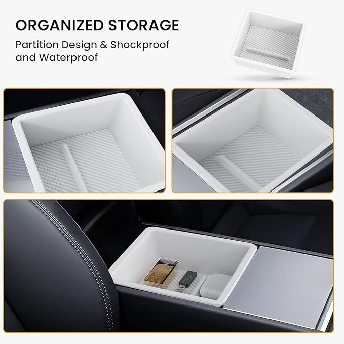 BANKKY 2PCS Center Console Organizer for Tesla Model 3 Highland 2024-2026 & Model Y Juniper 2025-2026, White Armrest Storage Tray with Anti-Slip Liner, ABS Tesla Accessories