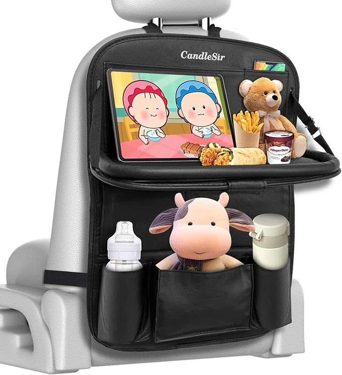 Luxury PU Leather Car Organizer with Foldable Tablet Tray, 9 Storage Pockets for Back Seat