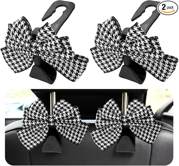 2 PCS Car Seat Headrest Hooks, Cute Bow Shaped Vehicle Backseat Storage Hooks, Leather Bow Shaped Sturdy Car Seat Back Hooks for Purses/Coats/Umbrellas, Car Accessories (Houndstooth)