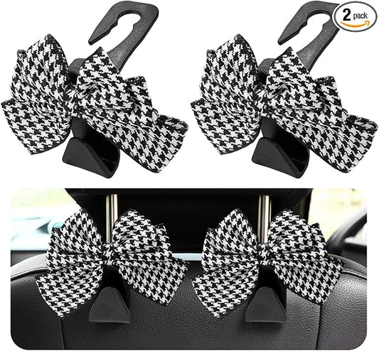 2 PCS Car Seat Headrest Hooks, Cute Bow Shaped Vehicle Backseat Storage Hooks, Leather Bow Shaped Sturdy Car Seat Back Hooks for Purses/Coats/Umbrellas, Car Accessories (Houndstooth)