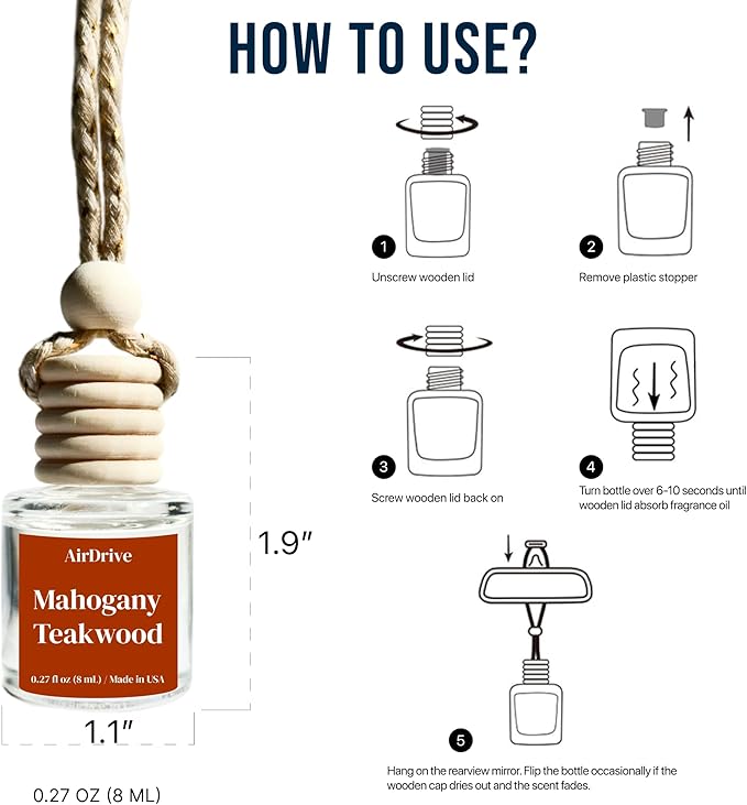 Car Air Freshener Mahogany Teakwood 2 Pack Hanging Air Freshener Diffuser, Cute Car Accessories, Air Freshner for Women & Men Gift, Non-Toxic Car Scent, Long Lasting Oil Diffuser, Made in USA