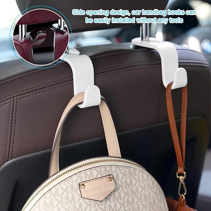 Ziciner Car Seat Headrest Hooks, 4 Pack Auto Durable Backseat Hangers Storage Organizer, Universal Vehicle Interior Holder Accessories for Purse, Grocery Bags, Handbag, Cloths ect (White)