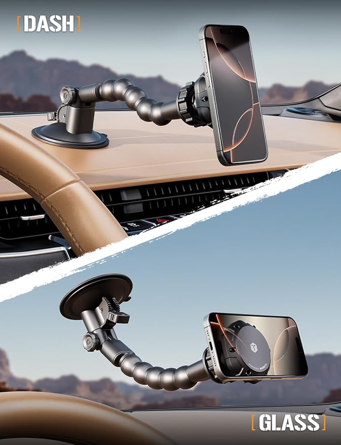 ToughTested MagTough Python Magnetic Phone Holder for Car - Heavy Duty Dashboard & Windshield Magsafe Mount for iPhone and Android, Pressure Lock Suction Cup - Universal Cell Phone Car Accessories