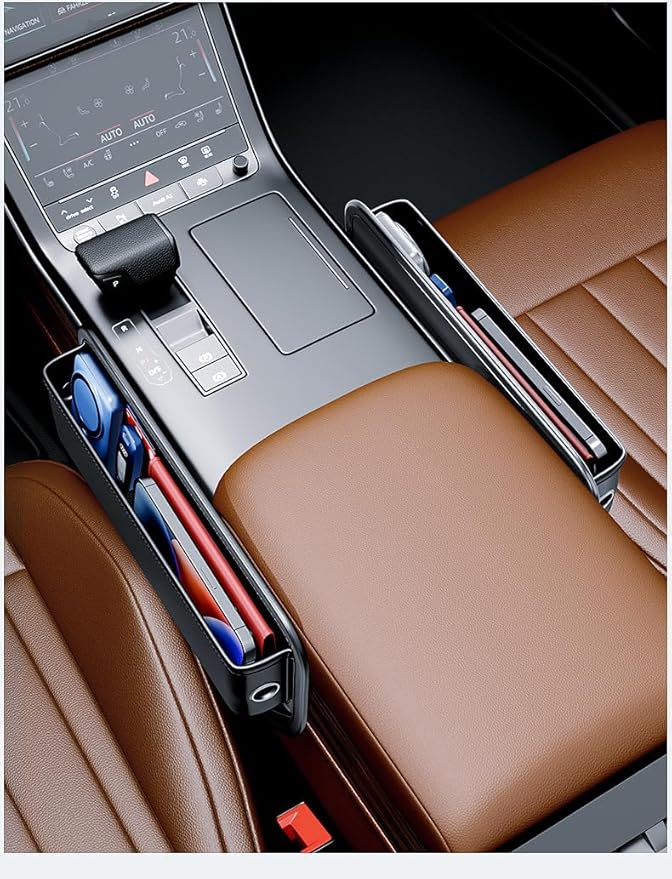 Car Seat Gap Filler Organizer, Multifunctional Auto Console Side Storage Box with Cup Holders & Phone Holder, Premium PU Leather Car Front Seat Organizer for Drinks, Sunglasses, Keys, 2 Pack Black