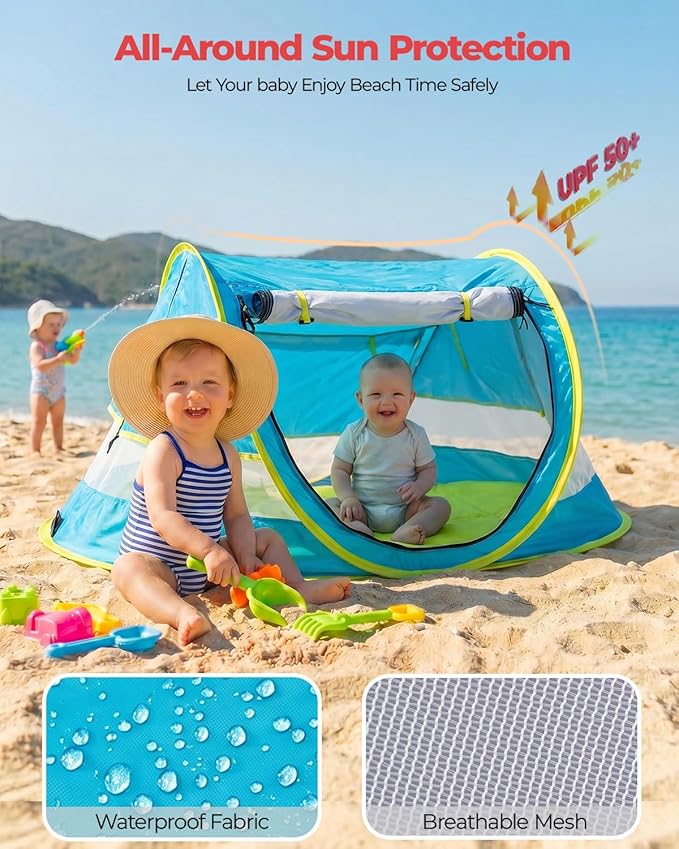 Poray Portable Baby Beach Tent with UPF 50+ Sun Shelter,Mosquito Net and Sunshade, Ideal Pop Up Kids Travel Tent with Carry Bag & 2 Stakes,Outdoor Indoor Play and Sun Protection