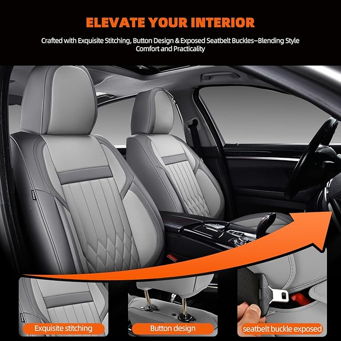 KEYOOG Universal 2-Seater Waterproof Breathable Nappa Leather Car Seat Covers Full Set, Compatible with Toyota Corolla Camry, Lexus LS400, Nissan Murano Rogue, Fit Front Seats Most Sedans SUV- Gray